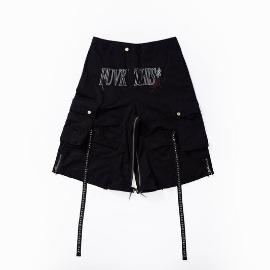 FVVO Distressed Rivet Strap Cargo Shorts Black