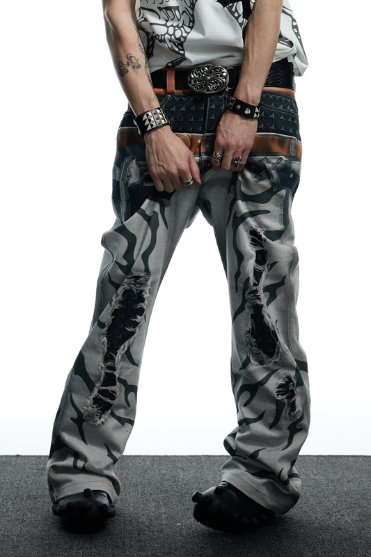 DND4DES Distressed Print Double-Waist Flare Jeans White