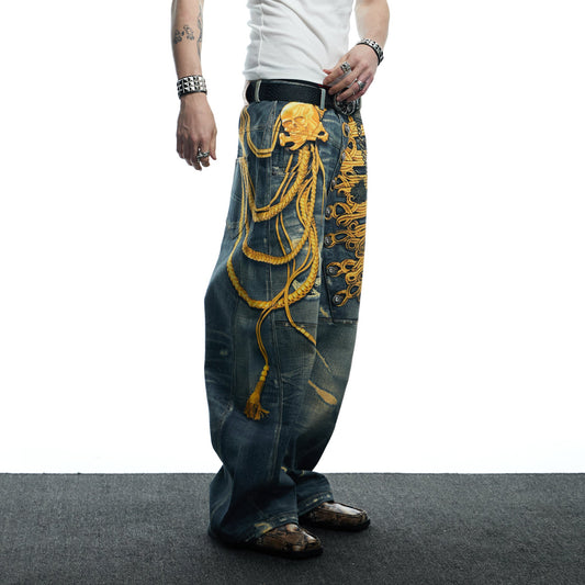 DND4DES Regal Braid Graphic Curved-Leg Baggy Jeans