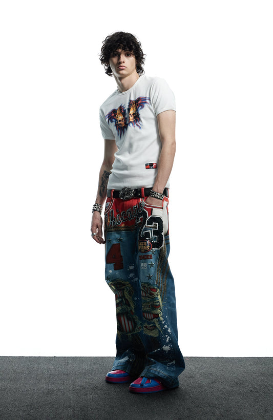 DND4DES Chicago Bulls Print Studded Flare Jeans
