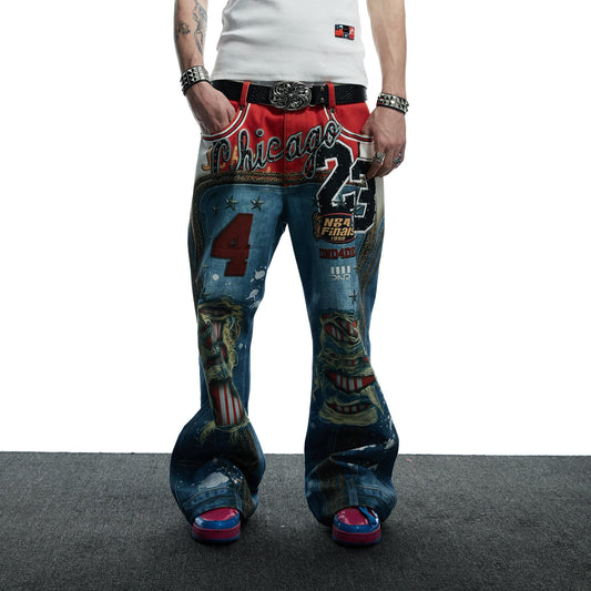 DND4DES Chicago Bulls Print Studded Flare Jeans
