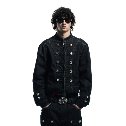 DND4DES Studded Stand Collar Raw Denim Jacket
