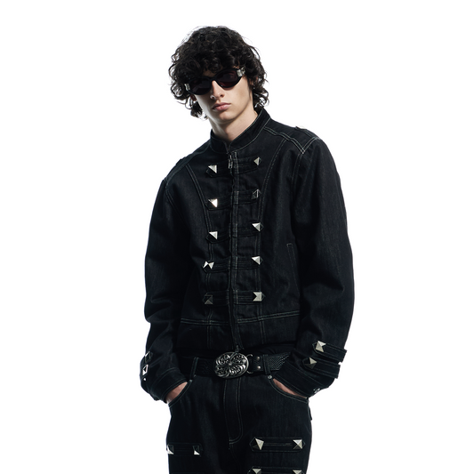 DND4DES Studded Stand Collar Raw Denim Jacket
