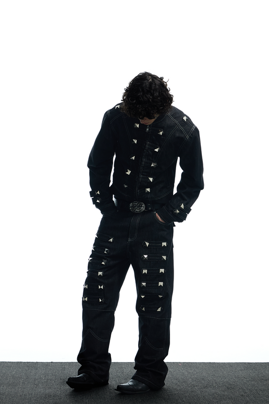 DND4DES Studded Stand Collar Raw Denim Jacket
