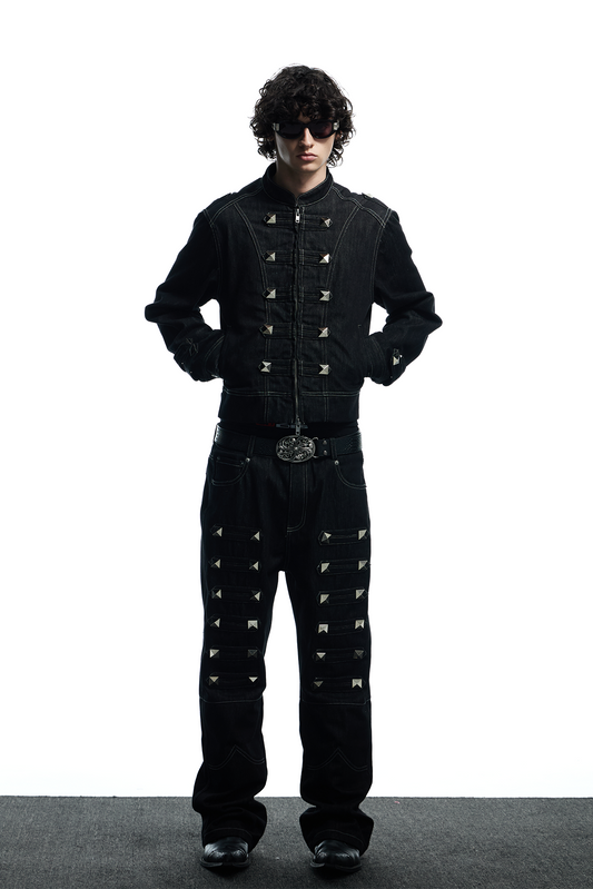 DND4DES Studded Stand Collar Raw Denim Jacket
