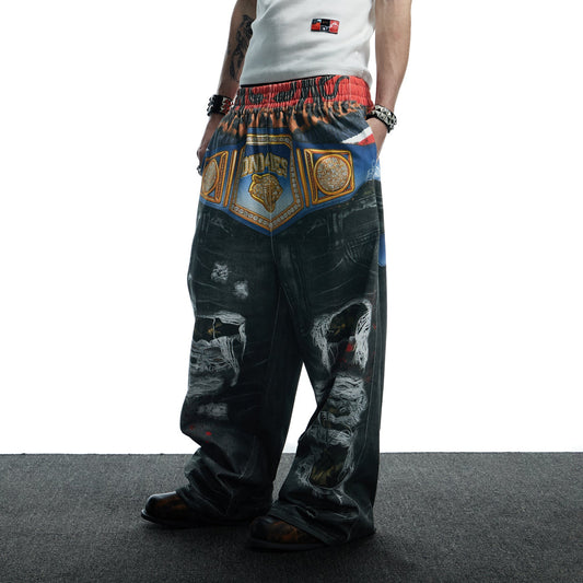 DND4DES Boxing Championship Belt Print Baggy Trousers