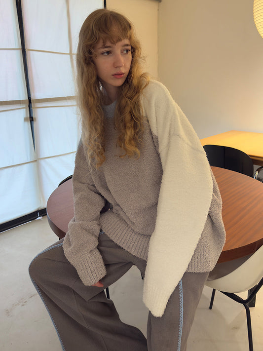 Colorblock Coral Fleece Knit Crewneck Sweater