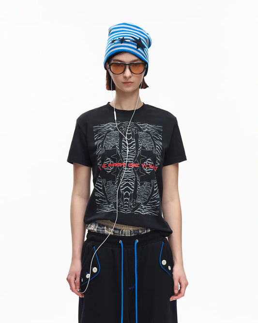 EMO 265g Faded Tiger Mirror Slim Tee Black