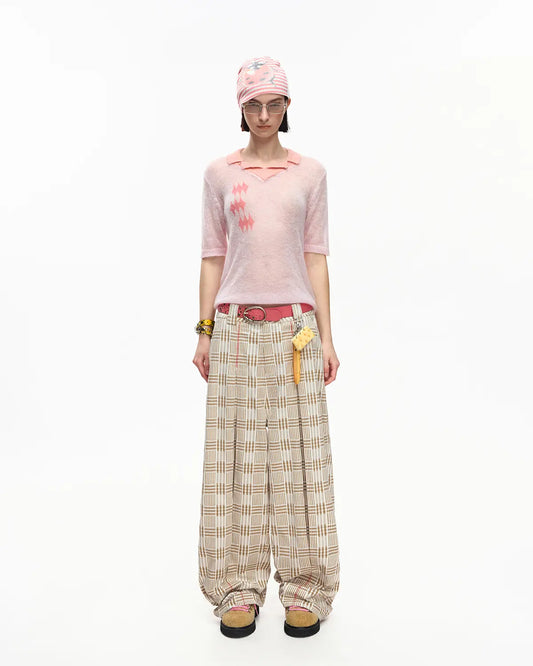 EMO Vintage Plaid Balloon Trousers Beige