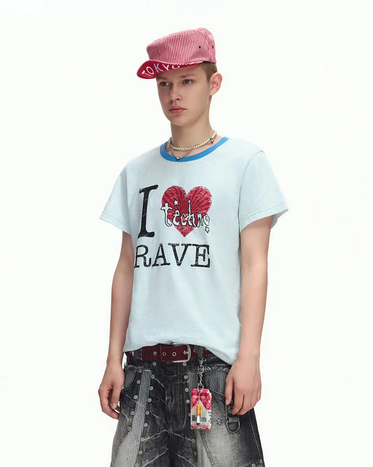 EMO “I Love Techno” Slub Print Tee Blue