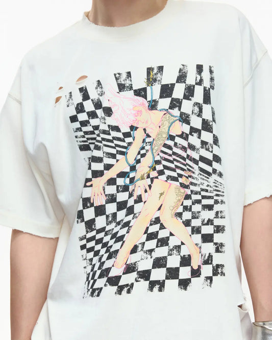 EMO Distressed Camo Washed Cropped Tee White