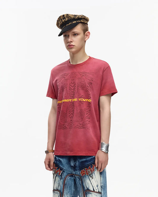 EMO 265g Faded Tiger Mirror Slim Tee Red
