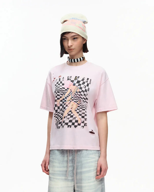 EMO Distressed Camo Washed Cropped Tee Pink