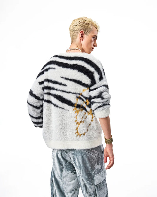 EMO Zebra Jacquard V-Neck Faux-Mink Sweater