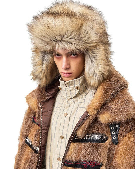 EMO Stand-Collar Hooded Faux-Fur Jacket