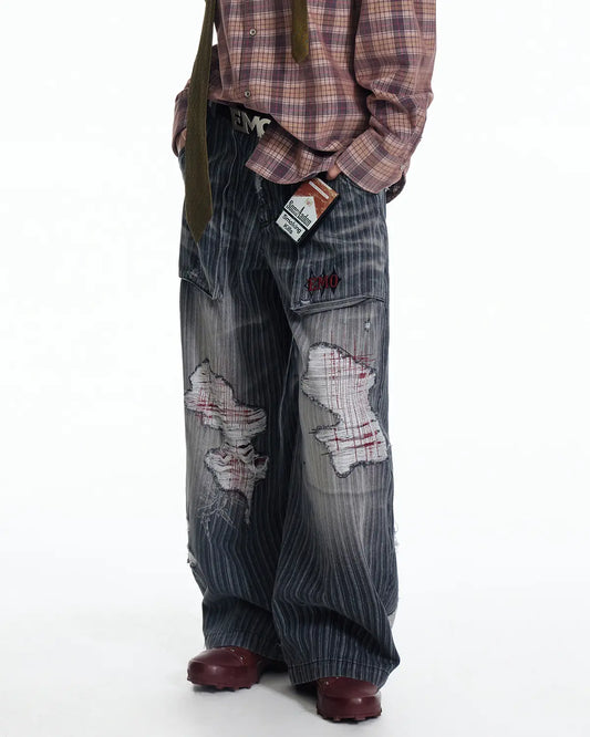 EMO Vertical Stripe Ripped Retro Jeans