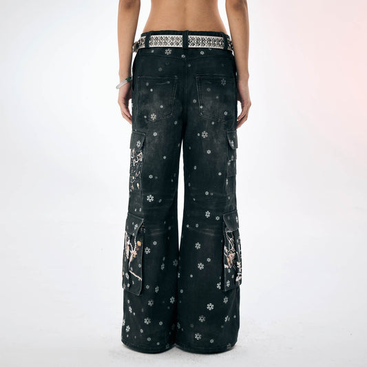 DND4DES×Faychui Snowflake Full-Print Spliced Multi-Pocket Jeans