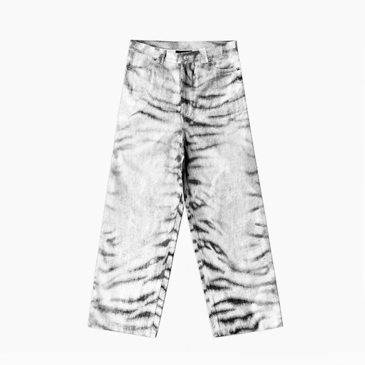 TECNINEGROUP Waxed White Tiger Full-Print Pants