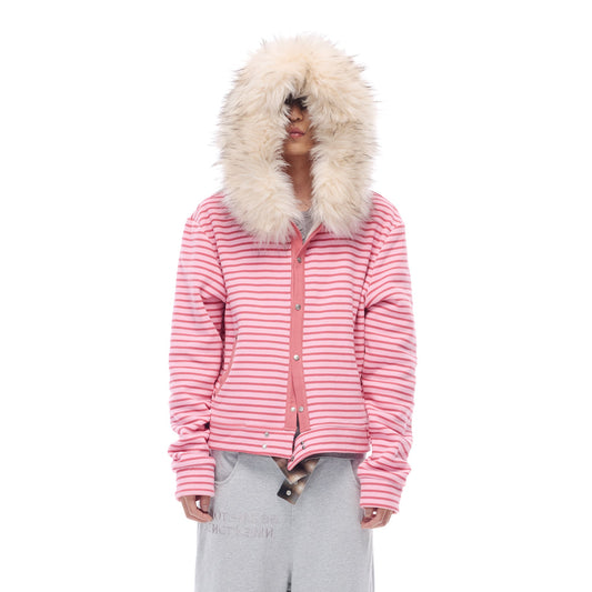 WHISTLEHUNTER Striped Detachable-Fur Hooded Jacket