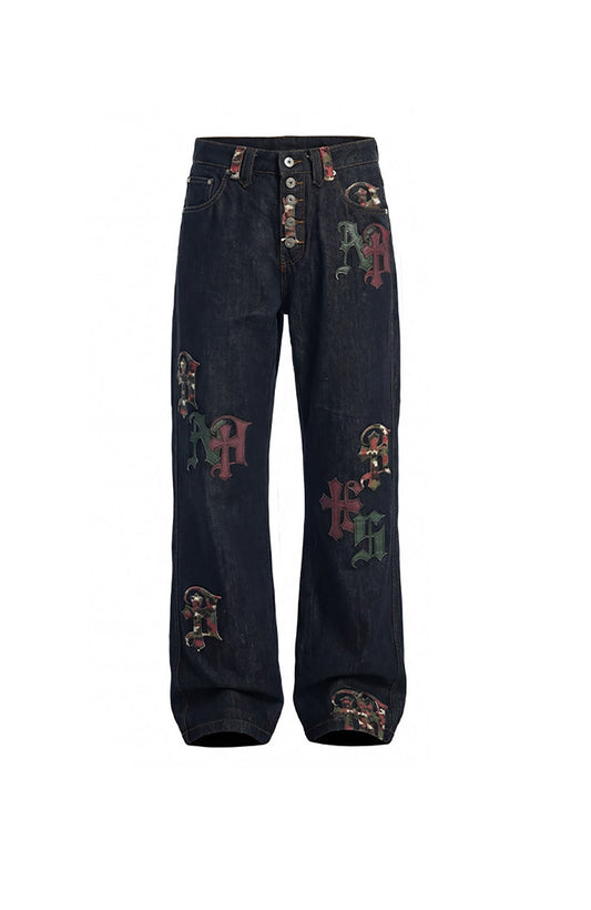 DND4DES Gothic Camo Patchwork Raw Denim Pants