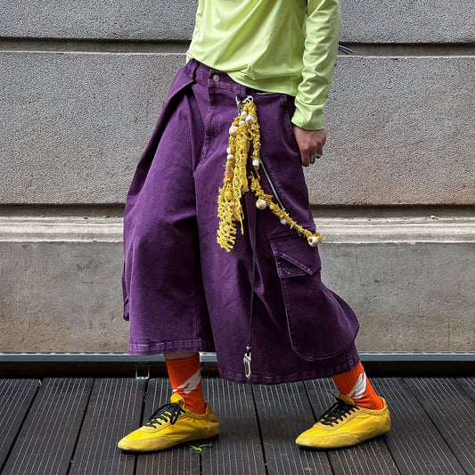 RELABEL Detachable Scarf Washed Multi-Pocket Wide-Leg Shorts Purple