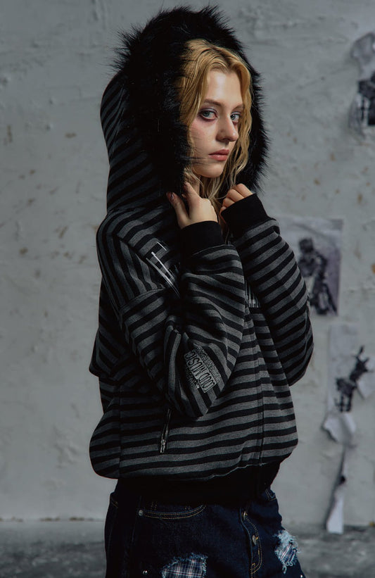 PAIKI Striped Ribbed Hooded Cardigan Sweater