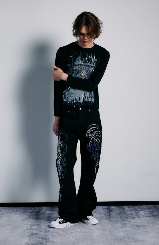 PAIKI Embroidered Thorn Floral Raw Selvedge Straight-Leg Jeans