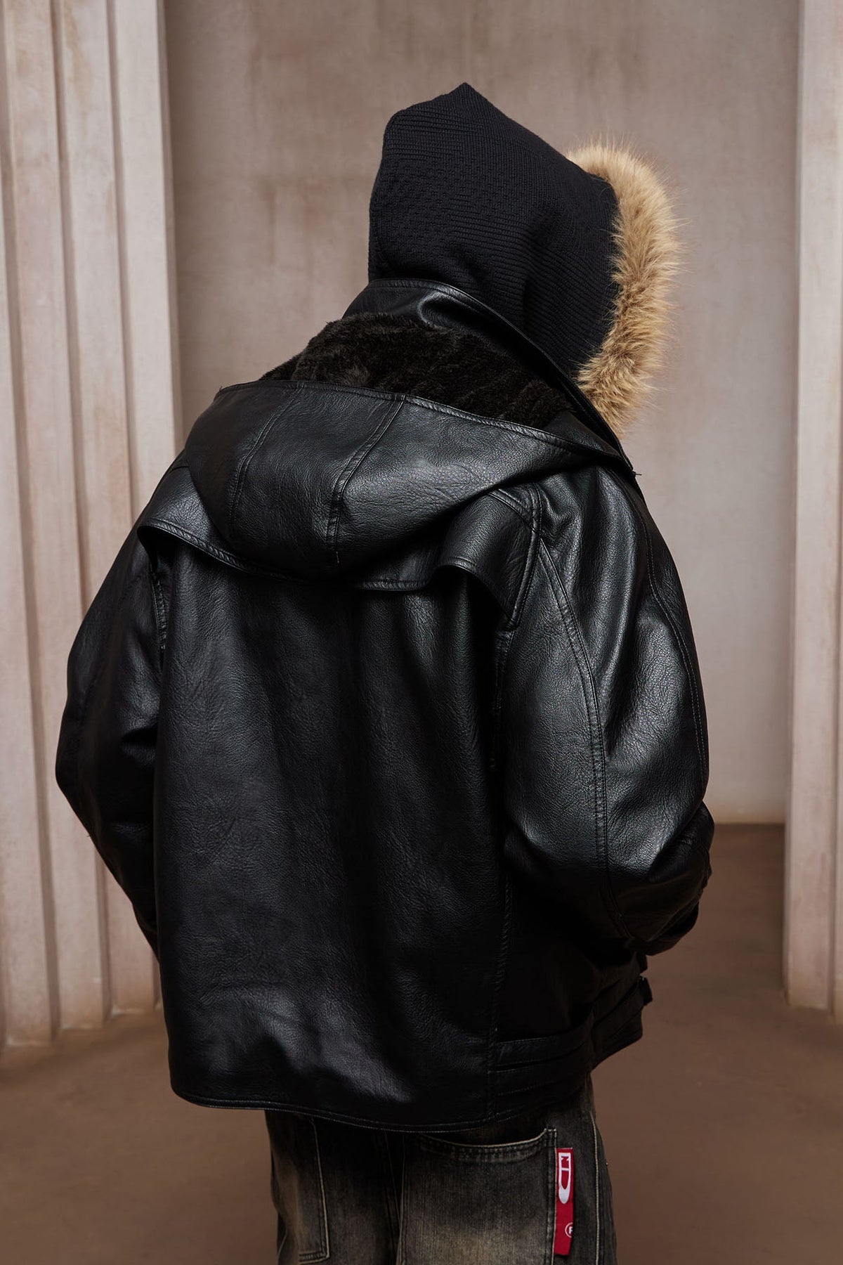 DND4DES Retro Buckle Faux Leather Hooded Jacket