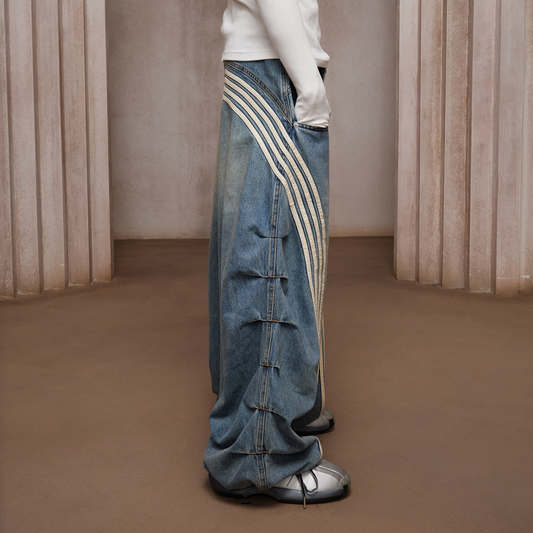 DND4DES Washed Ruched Striped Baggy Jeans
