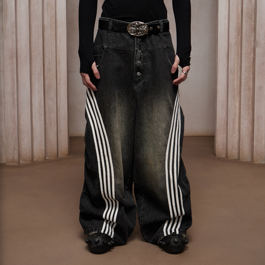 DND4DES Washed Ruched Striped Baggy Jeans