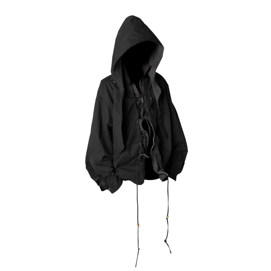 RELABEL Detachable Hood Beaded Ruched Shirt Black