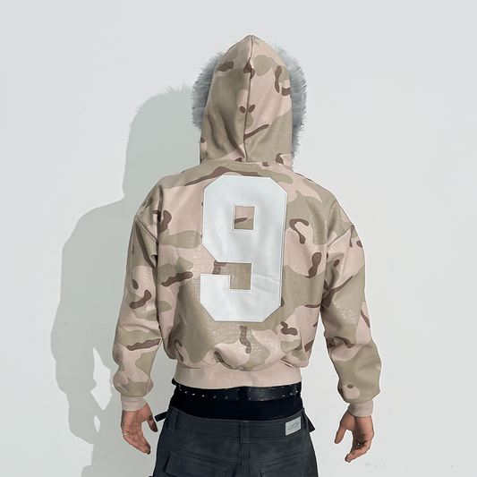 TECNINEGROUP Camo Waxed Faux Fur Hooded Jacket