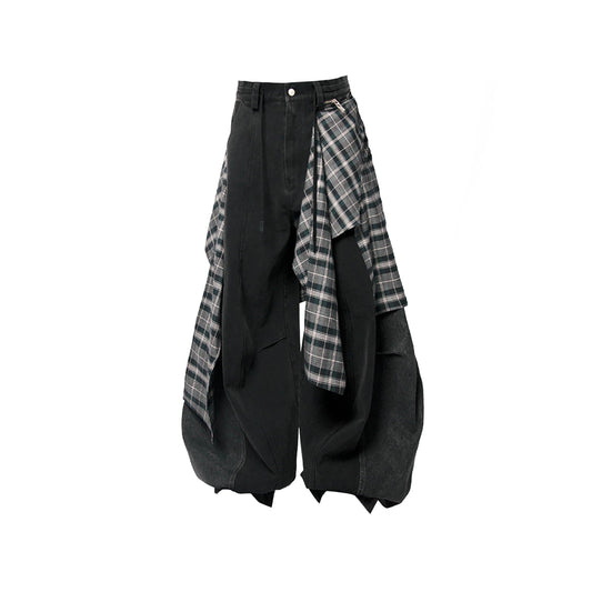 RELABEL Detachable Plaid Back Flap Spliced Jeans
