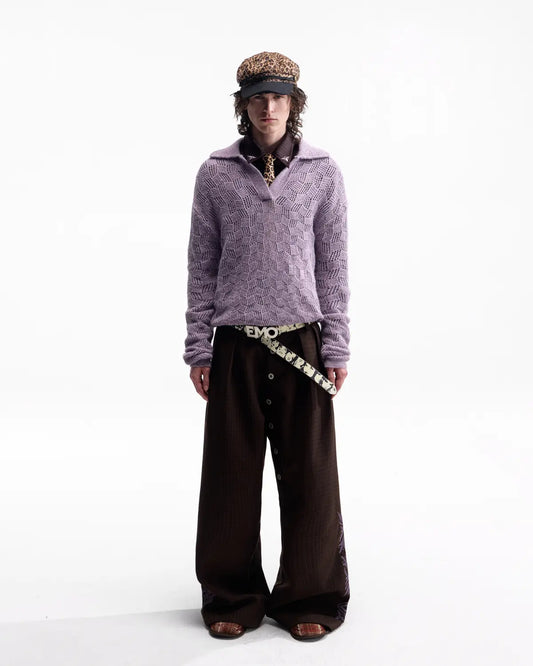 EMO Open-Neck Diamond Knit Relaxed Polo Purple