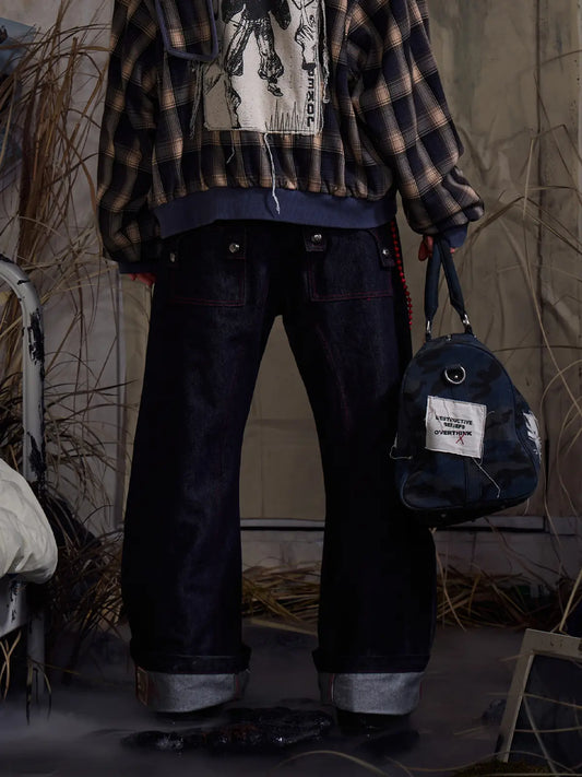 EMO "No Money No Peace" Raw Denim Curved Cut Jeans