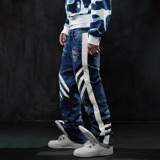 DND4DES Retro Washed Spliced Slim Moto Jeans