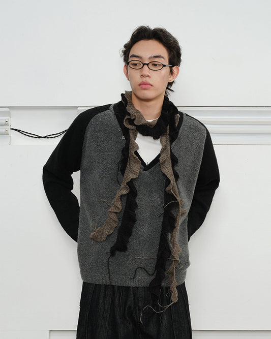 KREATE V-Neck Buttoned Color-Blocked Sweater