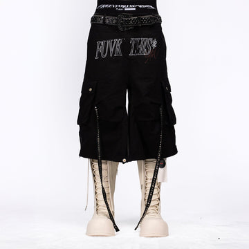 FVVO Distressed Rivet Strap Cargo Shorts Black