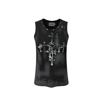 TH4SWE Retro Gothic Cross Graphic Studded Tank Top