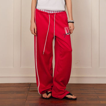 DONSMOKE Plaid Double-Waist Contrast Webbing Sweatpants