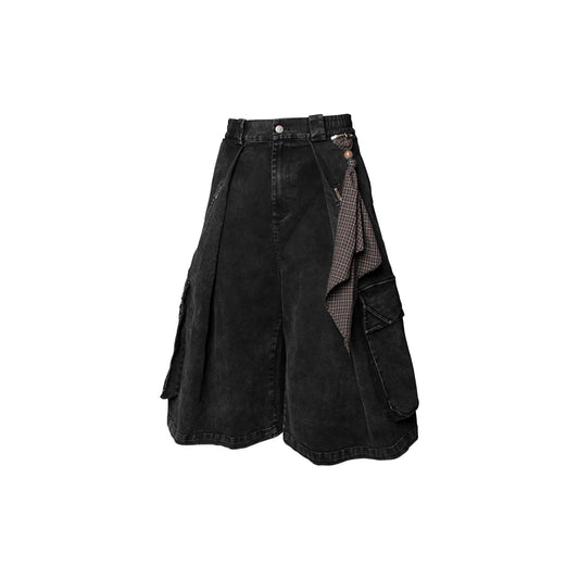 RELABEL Detachable Scarf Washed Multi-Pocket Wide-Leg Shorts