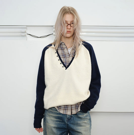 KREATE V-Neck Buttoned Color-Blocked Sweater