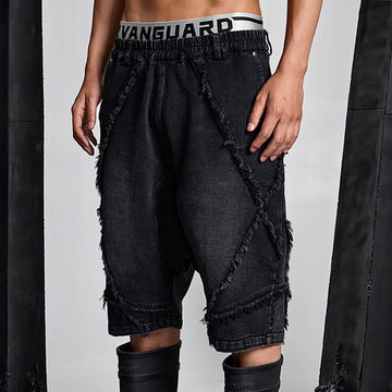 SSIN7 Washed Frayed Spliced Denim Shorts