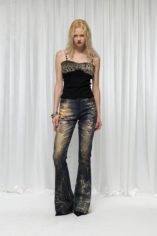 DND4DES×Faychui Distressed Leopard Splattered Flared Jeans