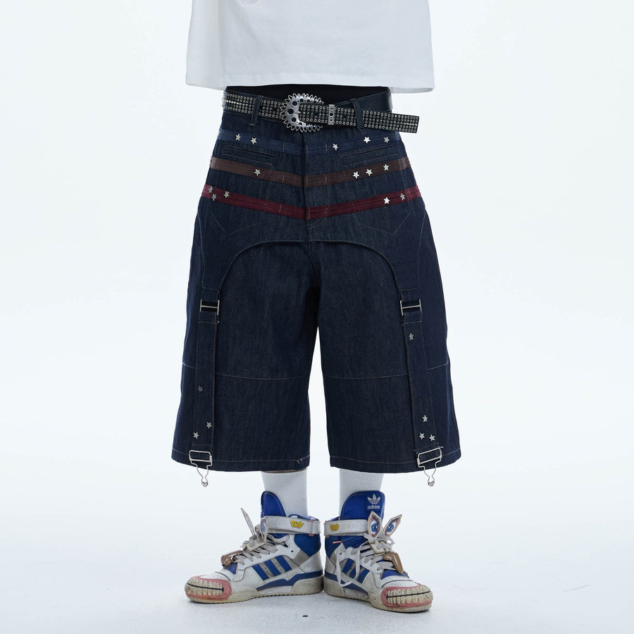 DND4DES Star-Rivet Harness-Layered Denim Shorts
