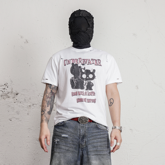 UNDERWATER Distressed Black Cat Graphic T-Shirt