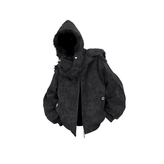 RELABEL Detachable Plush Scarf Hooded Suede Jacket Black