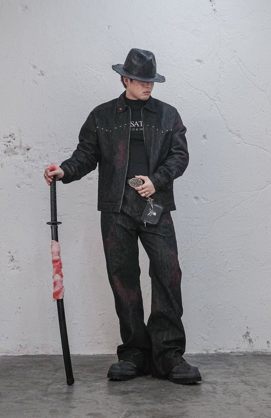 UNDERWATER Bloodstained Raw Flared Denim Pants