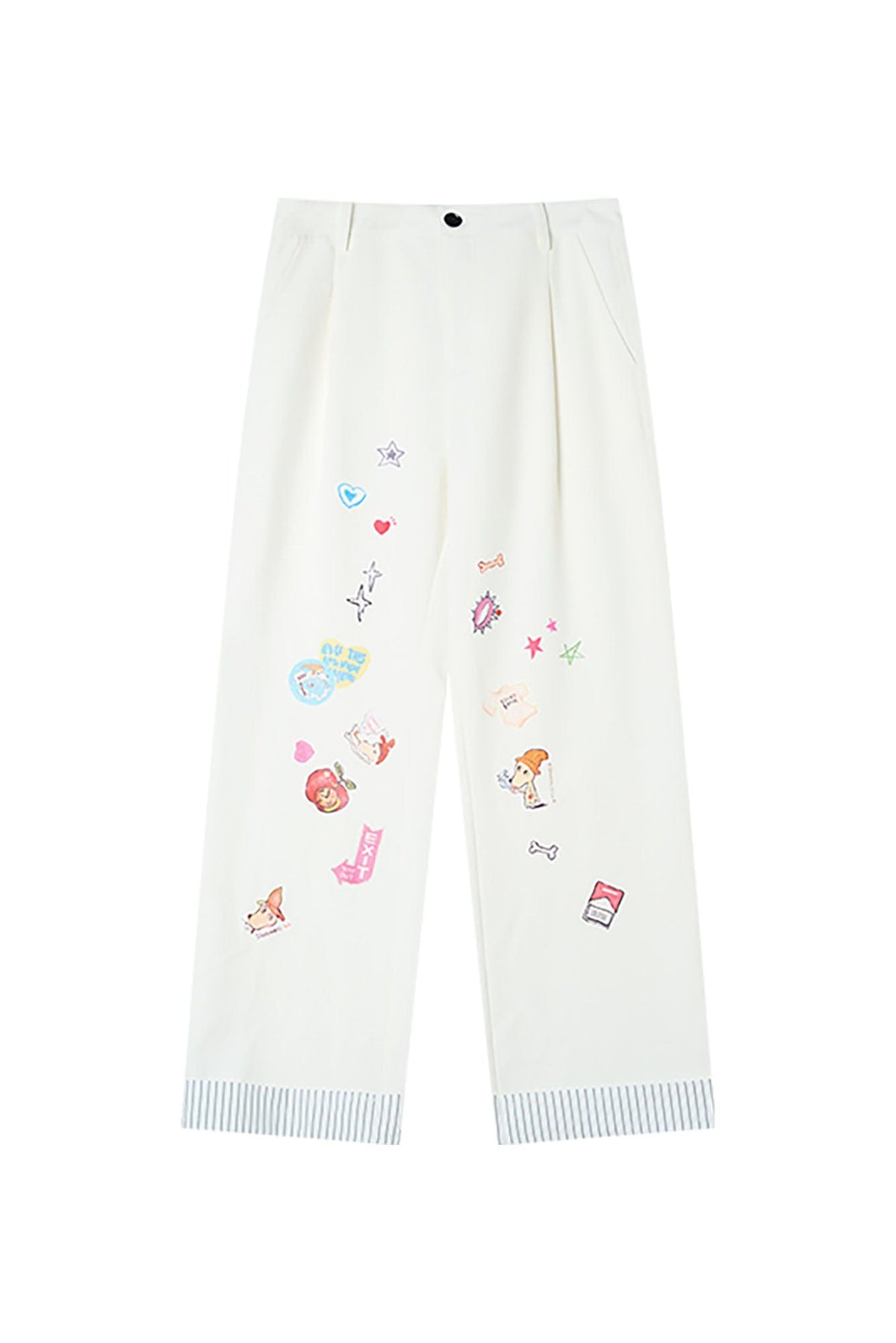 DONSMOKE Puppy Sticker Fold Striped Hem Trousers