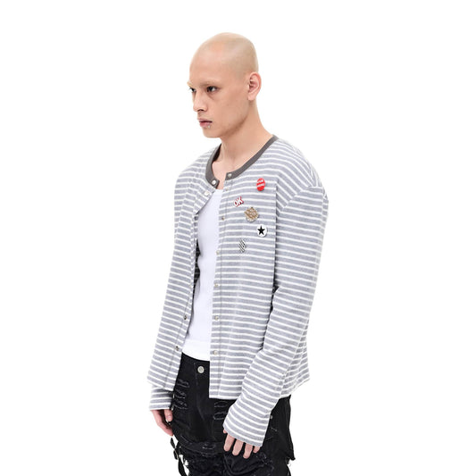 WHISTLEHUNTER Striped Badge Snap Slim Cardigan
